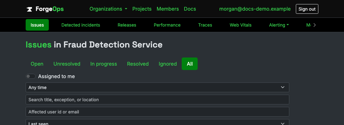 The issue list for a project reporting from a Kotlin app