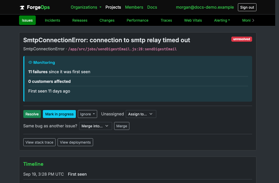 A ForgeOps issue for a failing BullMQ job: its title, the exception class and the code it came from beneath it, then its verdict with its failure count, customers affected, and when it was first seen, above the triage buttons