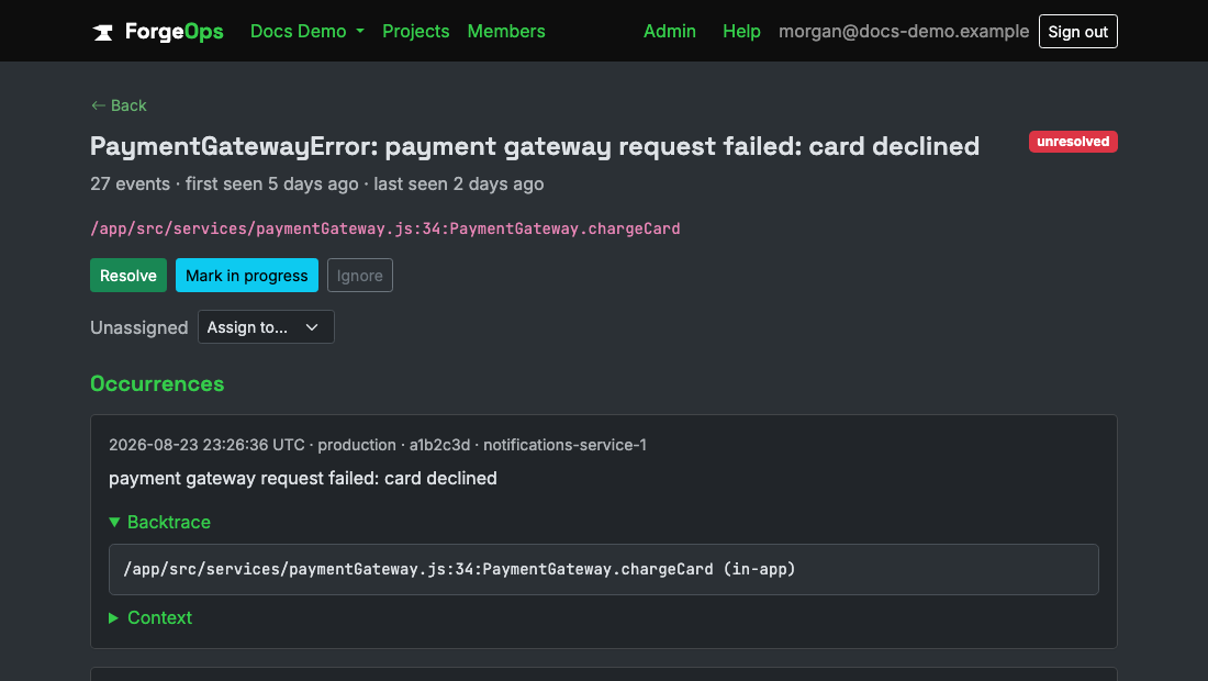 A Node.js issue's detail page, showing its backtrace parsed from Error#stack