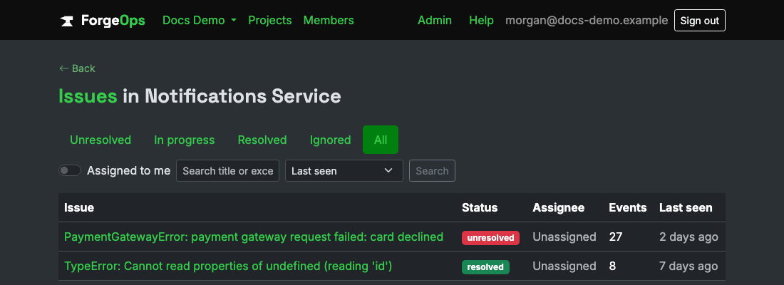 The issue list for a project reporting from a Node.js app