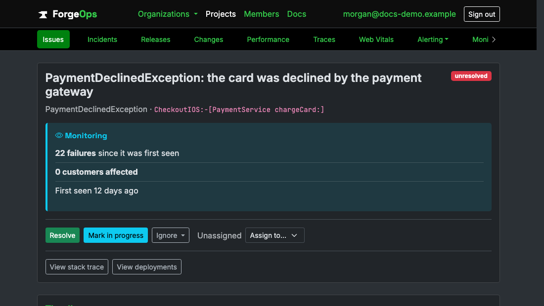 An Objective-C issue's page in ForgeOps: its title, the exception class and the code it came from beneath it, then its verdict with its failure count, customers affected, and when it was first seen, above the triage buttons