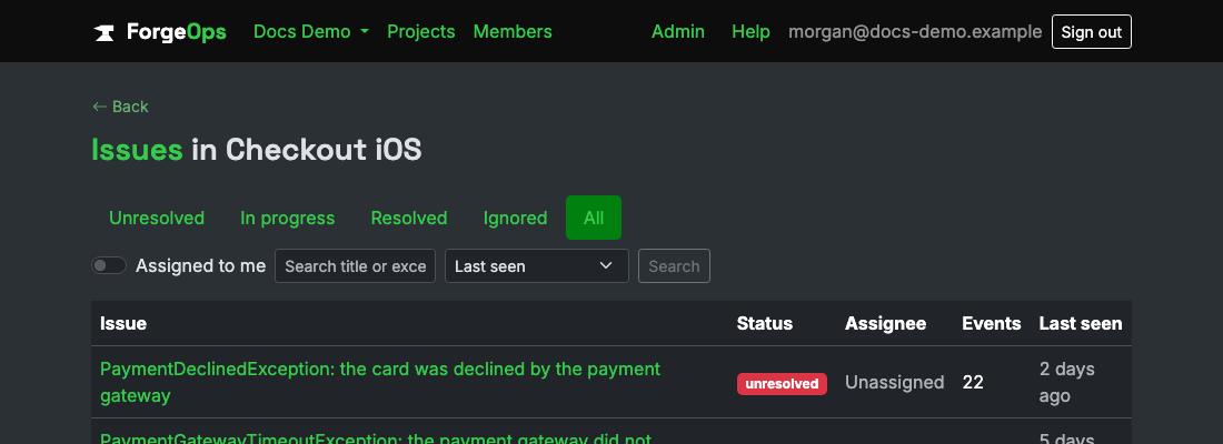 The issue list for a project reporting from an Objective-C app