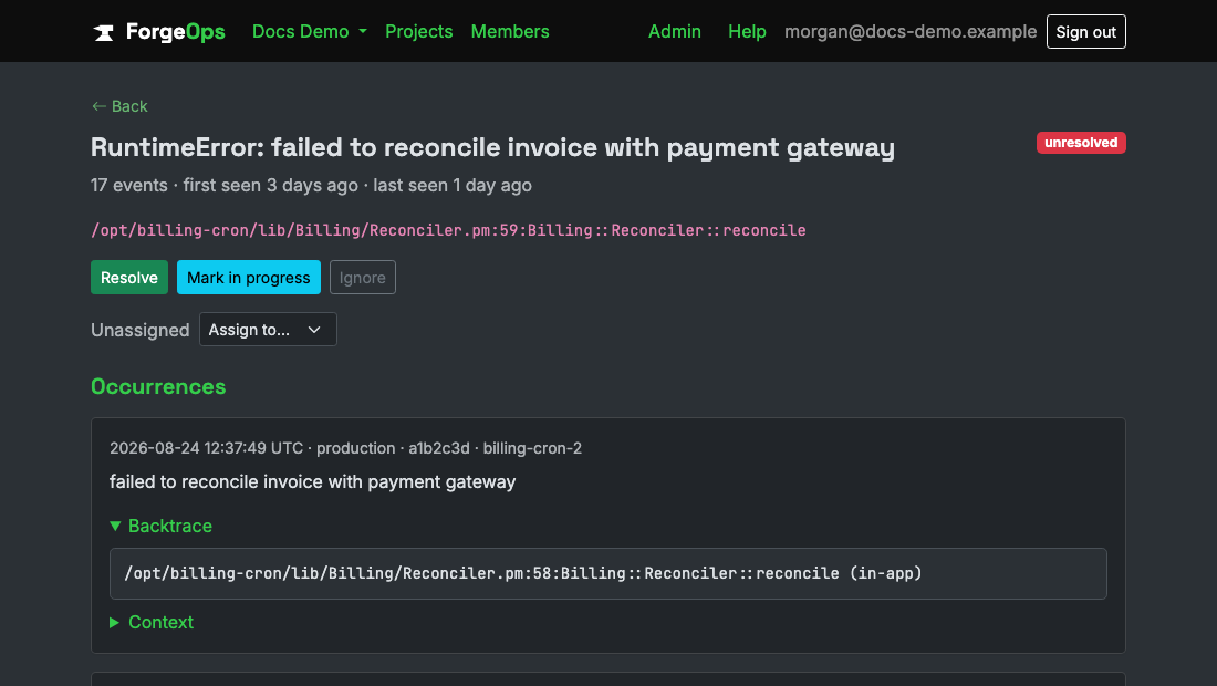 A Perl issue's detail page, showing its backtrace parsed from a die/confess message
