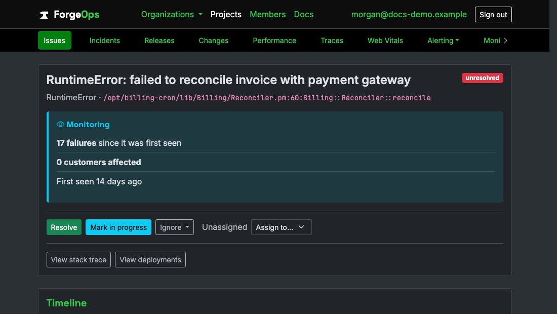 A Perl issue's page in ForgeOps: its title, the exception class and the code it came from beneath it, then its verdict with its failure count, customers affected, and when it was first seen, above the triage buttons