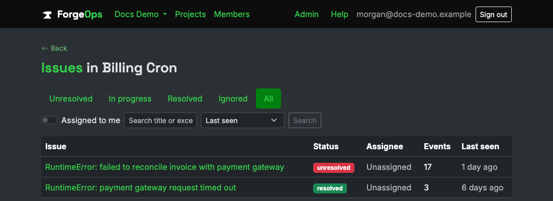 The issue list for a project reporting from a Perl app