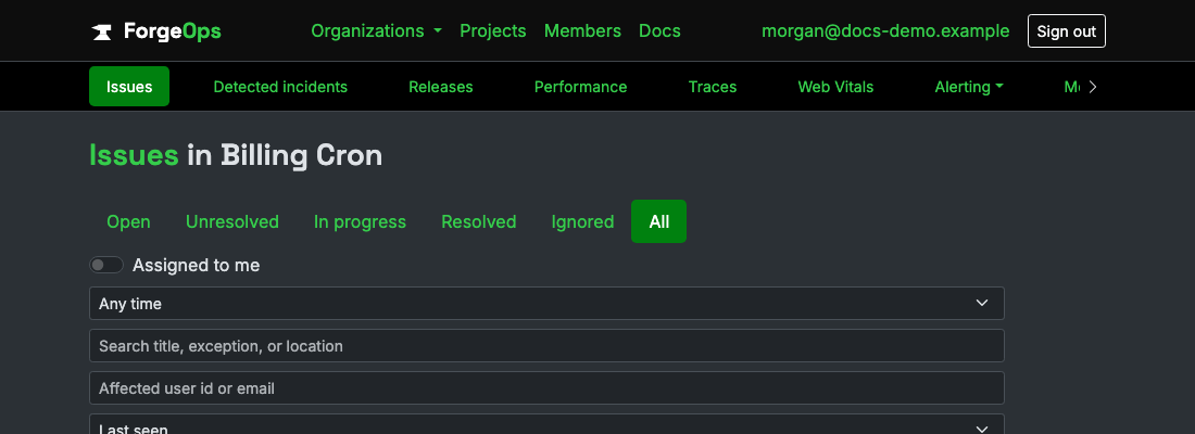 The issue list for a project reporting from a Perl app