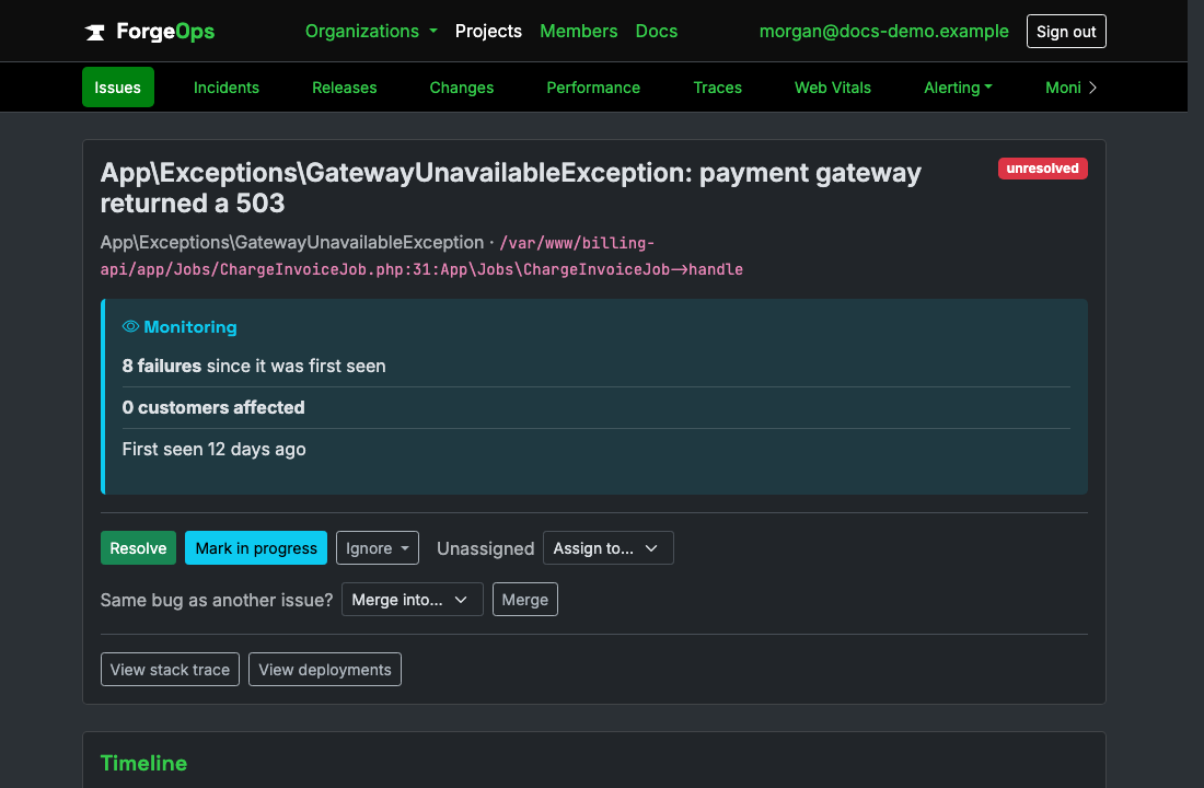 A ForgeOps issue for a failing Laravel queue job: its title, the exception class and the code it came from beneath it, then its verdict with its failure count, customers affected, and when it was first seen, above the triage buttons