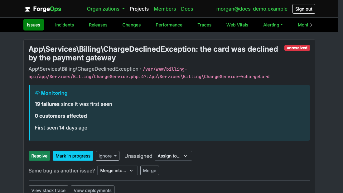 A PHP issue's page in ForgeOps: its title, the exception class and the code it came from beneath it, then its verdict with its failure count, customers affected, and when it was first seen, above the triage buttons