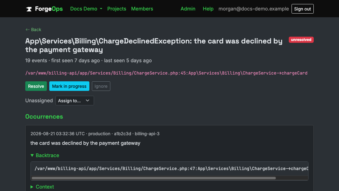 A PHP issue's detail page, showing its fully-namespaced exception class and backtrace