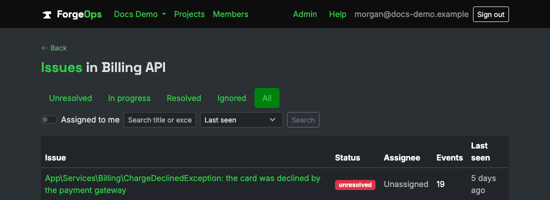 The issue list for a project reporting from a PHP app