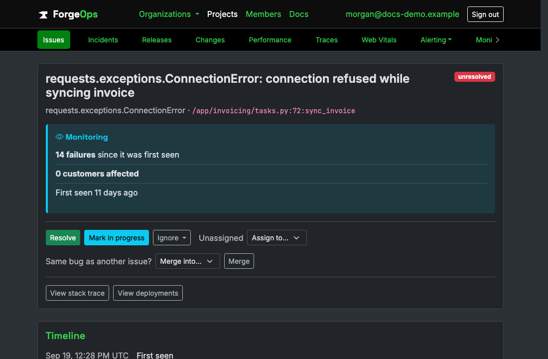 A ForgeOps issue for a failing Celery task: its title, the exception class and the code it came from beneath it, then its verdict with its failure count, customers affected, and when it was first seen, above the triage buttons