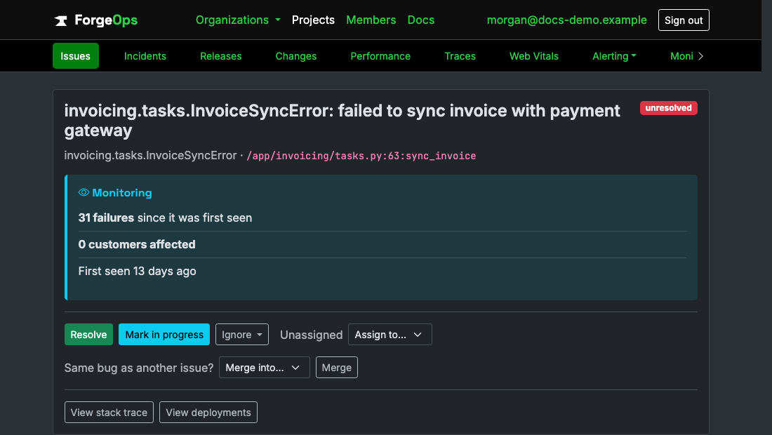 A Python issue's page in ForgeOps: its title, the exception class and the code it came from beneath it, then its verdict with its failure count, customers affected, and when it was first seen, above the triage buttons