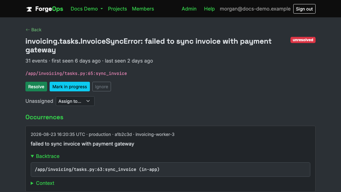 A Python issue's detail page, showing its module-qualified exception class and backtrace