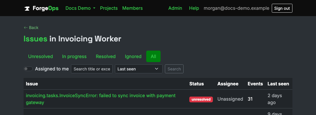 The issue list for a project reporting from a Python app