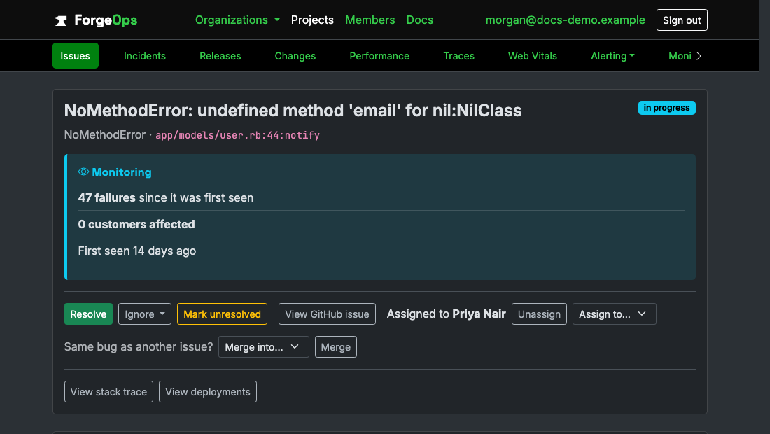 A Ruby on Rails issue's page in ForgeOps: its title, the exception class and the code it came from beneath it, then its verdict with its failure count, customers affected, and when it was first seen, above the triage buttons