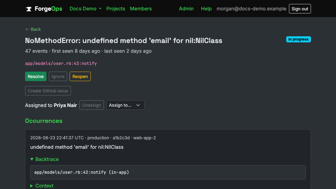 A Ruby on Rails issue's detail page, showing its app/-relative backtrace