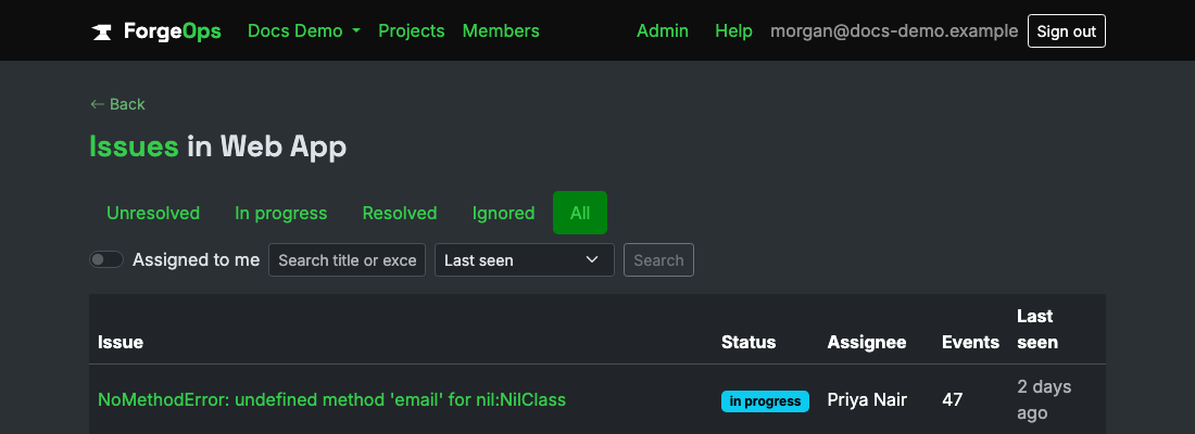 The issue list for a project reporting from a Ruby on Rails app