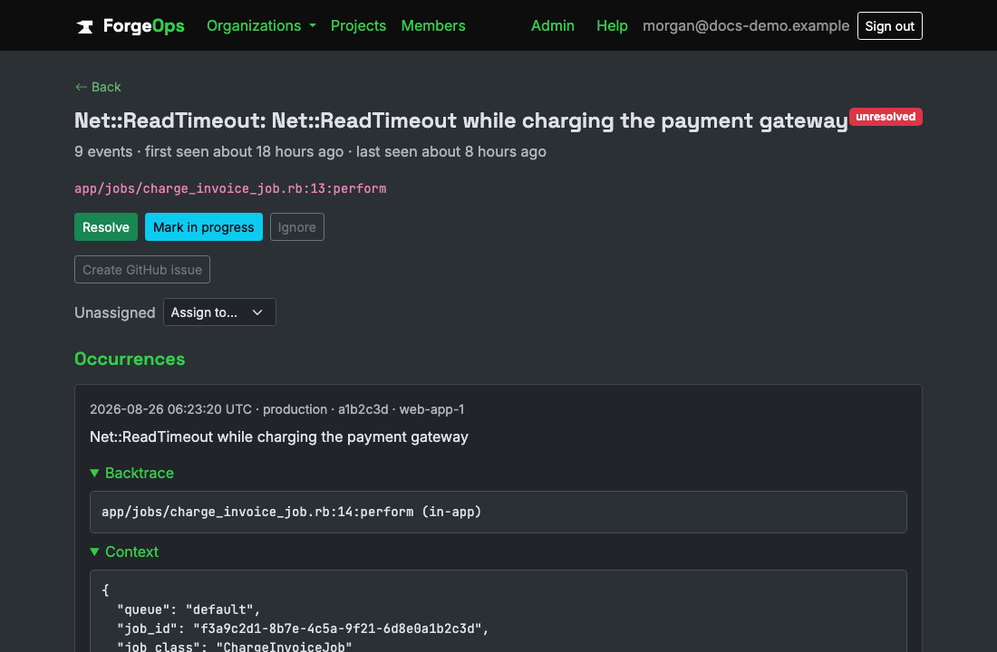 A ForgeOps issue for a failing Sidekiq job, showing the job class, queue, and job ID Sidekiq reported it with