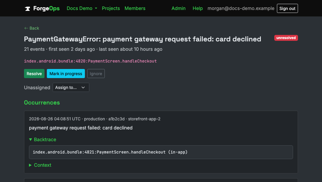 A React Native issue's detail page, showing its backtrace parsed from Hermes's V8-compatible Error#stack