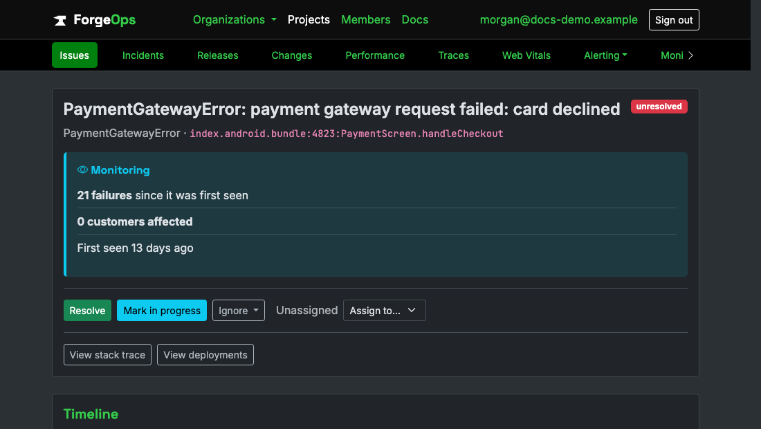 A React Native issue's page in ForgeOps: its title, the exception class and the code it came from beneath it, then its verdict with its failure count, customers affected, and when it was first seen, above the triage buttons