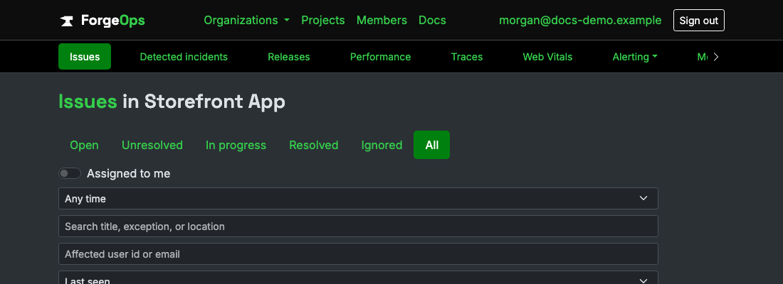 The issue list for a project reporting from a React Native app