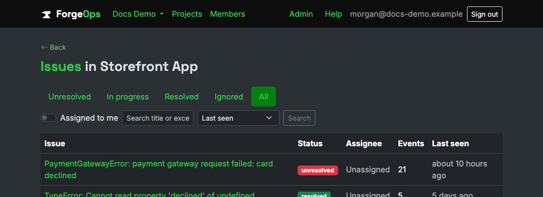 The issue list for a project reporting from a React Native app