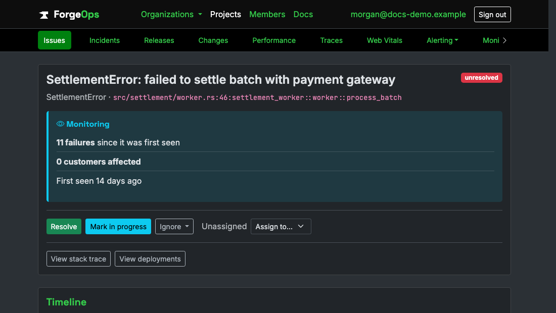 A Rust issue's page in ForgeOps: its title, the exception class and the code it came from beneath it, then its verdict with its failure count, customers affected, and when it was first seen, above the triage buttons