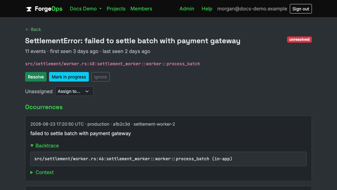 A Rust issue's detail page, showing its backtrace captured at the point capture_error or the panic hook fired