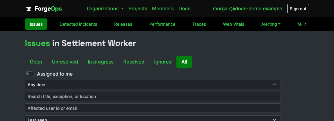 The issue list for a project reporting from a Rust app