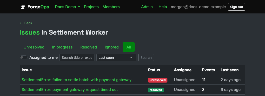 The issue list for a project reporting from a Rust app