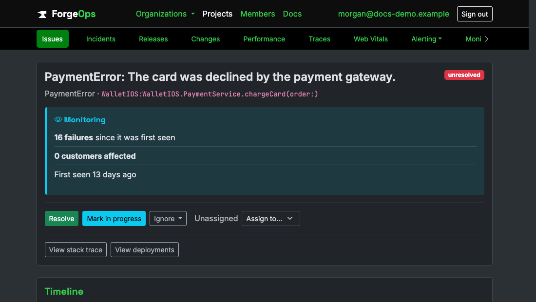 A Swift issue's page in ForgeOps: its title, the exception class and the code it came from beneath it, then its verdict with its failure count, customers affected, and when it was first seen, above the triage buttons