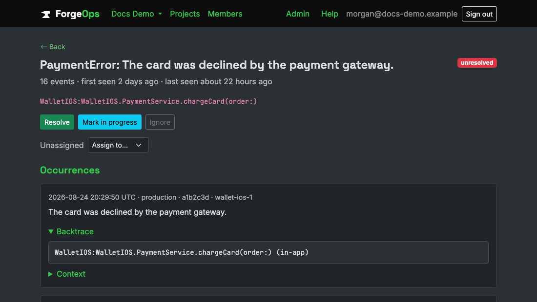 A Swift issue's detail page, showing its callStackSymbols-based backtrace with no line numbers