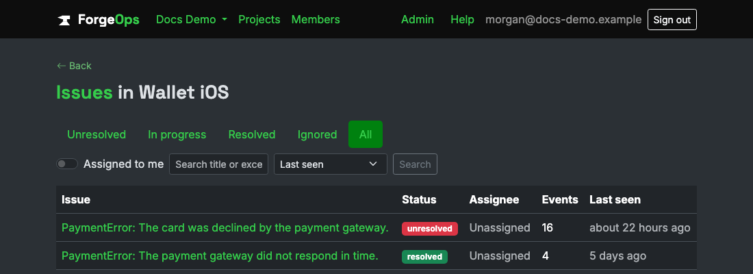 The issue list for a project reporting from a Swift app