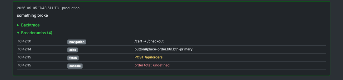 An issue's occurrence, showing its expanded Breadcrumbs section with navigation, click, fetch, and console entries leading up to the error