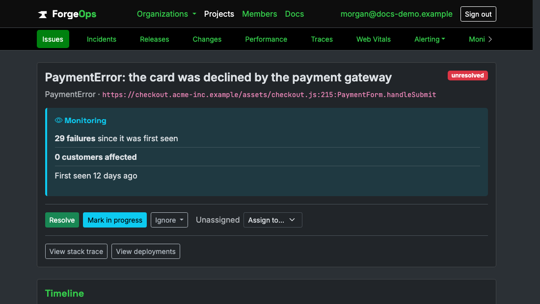 A TypeScript issue's page in ForgeOps: its title, the exception class and the code it came from beneath it, then its verdict with its failure count, customers affected, and when it was first seen, above the triage buttons