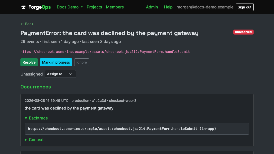 A TypeScript issue's detail page, showing its backtrace parsed from the browser's own Error#stack