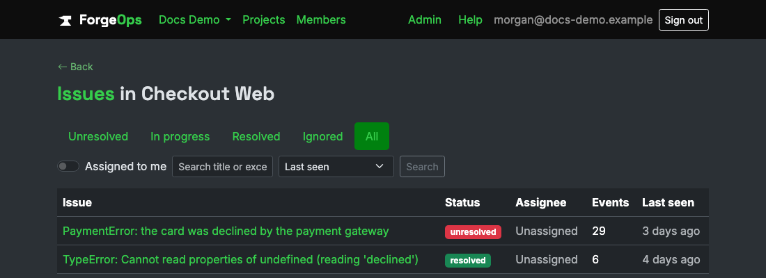 The issue list for a project reporting from a TypeScript app