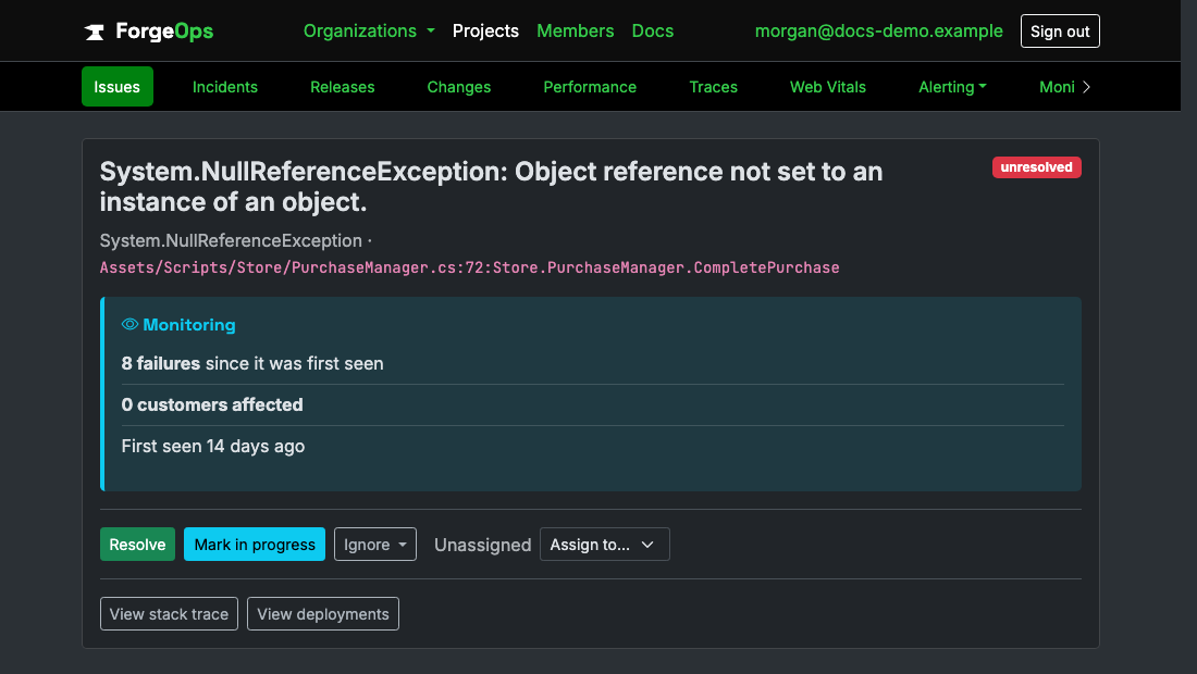 A Unity issue's page in ForgeOps: its title, the exception class and the code it came from beneath it, then its verdict with its failure count, customers affected, and when it was first seen, above the triage buttons