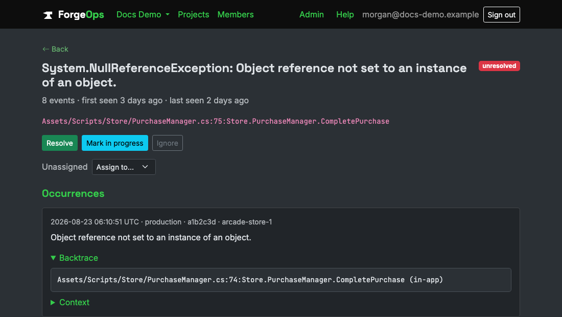 A Unity issue's detail page, showing its backtrace parsed from a caught exception's own StackTrace