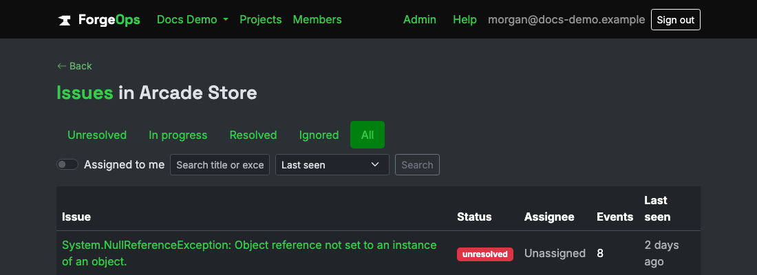 The issue list for a project reporting from a Unity app