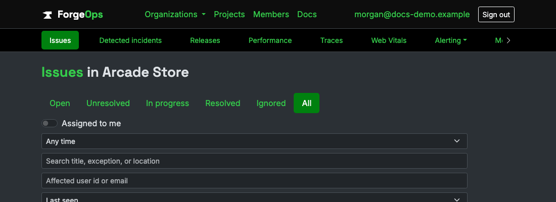 The issue list for a project reporting from a Unity app