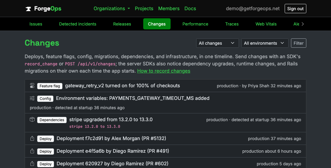 A project's Changes page listing a feature flag change, a new environment variable and a stripe upgrade detected at startup, and the deploys before them