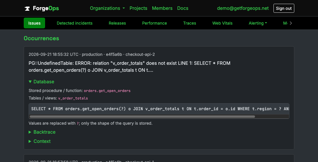 An issue occurrence's Database section, naming the stored function and the view the failing query touched, with the statement's values replaced by question marks
