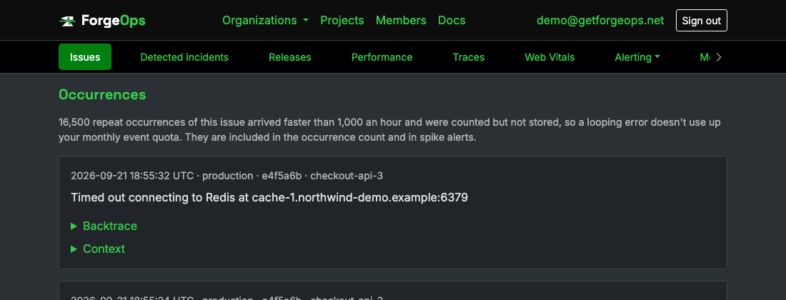 An issue that repeated thousands of times, with a note above its occurrences saying how many repeats were counted but not stored