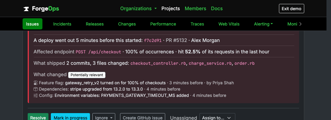 An issue's verdict listing what changed just before it started, labeled potentially relevant: the gateway_retry_v2 flag turned on for 100% of checkouts 3 minutes before, and a stripe upgrade and a new environment variable detected at startup after the deploy 7 minutes before