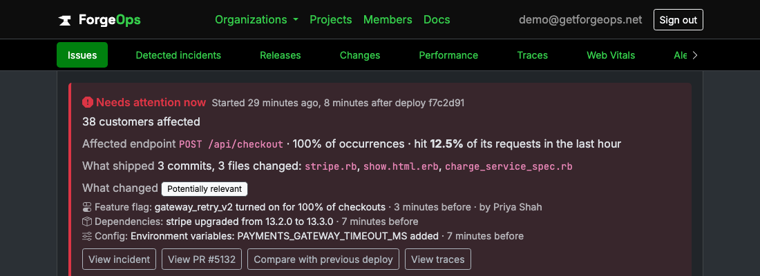 An issue's verdict listing what changed just before it started, labeled potentially relevant: the gateway_retry_v2 flag turned on for 100% of checkouts 3 minutes before, and a stripe upgrade and a new environment variable detected after the deploy